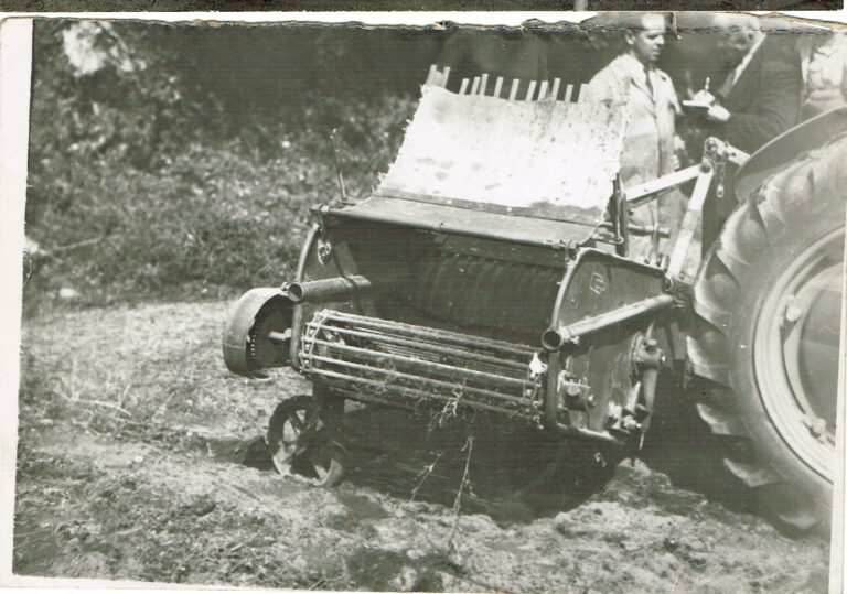 Arracheuse de pommes de terre à rouleaux (ou à hérisson / rouleaux séparateurs), 1 rang, tractée. Modèle plus ancien [1930-1950]